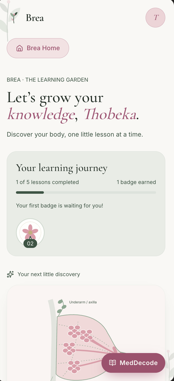 Brea Learning Garden dashboard with learning progress, an earned badge, an illustrated breast anatomy lesson and the MedDecode button