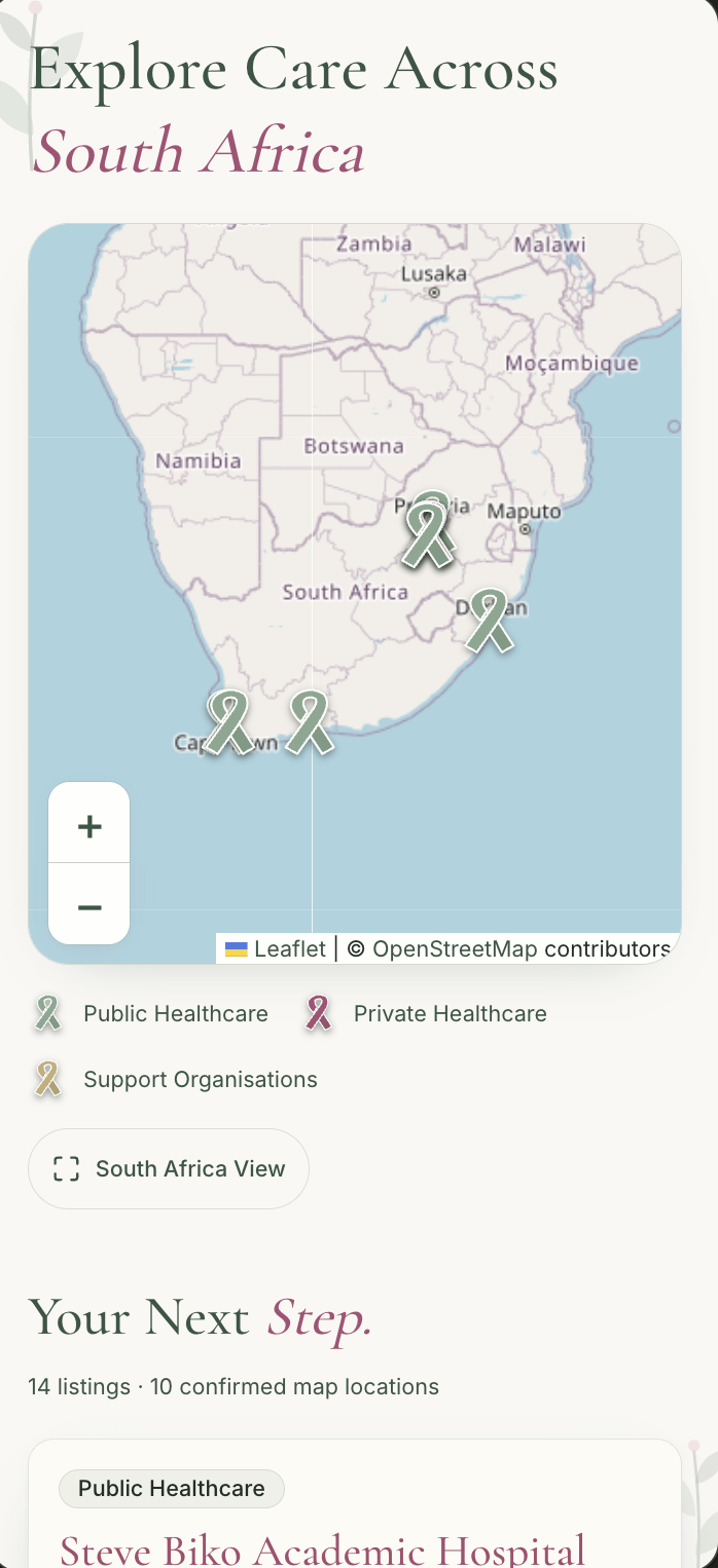 Find Care page with the heading "Explore Care Across South Africa", an interactive map with awareness ribbon markers and facility listings