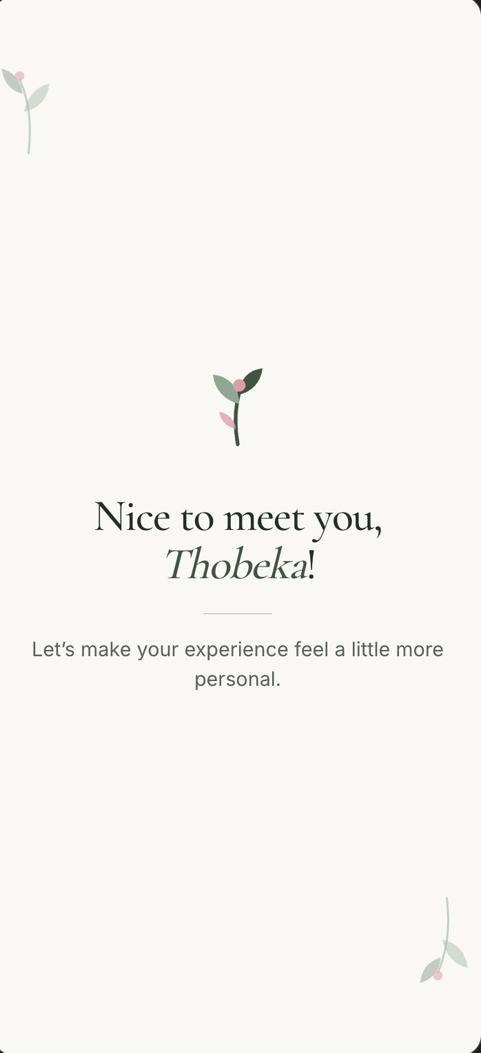 Brea welcome screen greeting the visitor by name: "Nice to meet you, Thobeka!"