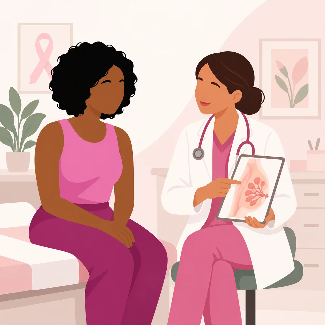 Illustration of a doctor sitting with a patient, explaining breast health using a tablet showing an anatomy diagram.