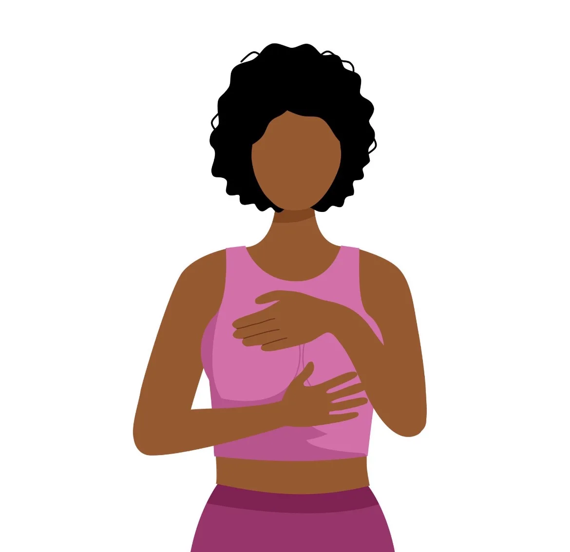 Illustration of a woman with curly hair placing her hands over her chest, practising breast self-awareness.