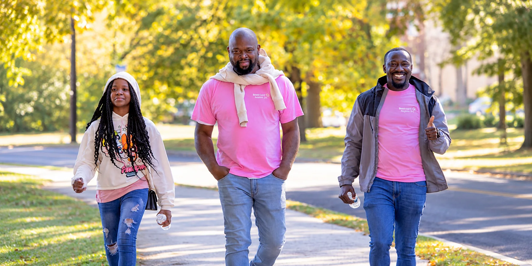 Two men and a woman walking outdoors wearing pink awareness clothing