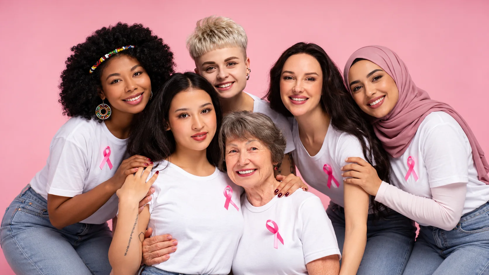 A multigenerational group of women smiling together, wearing pink ribbons