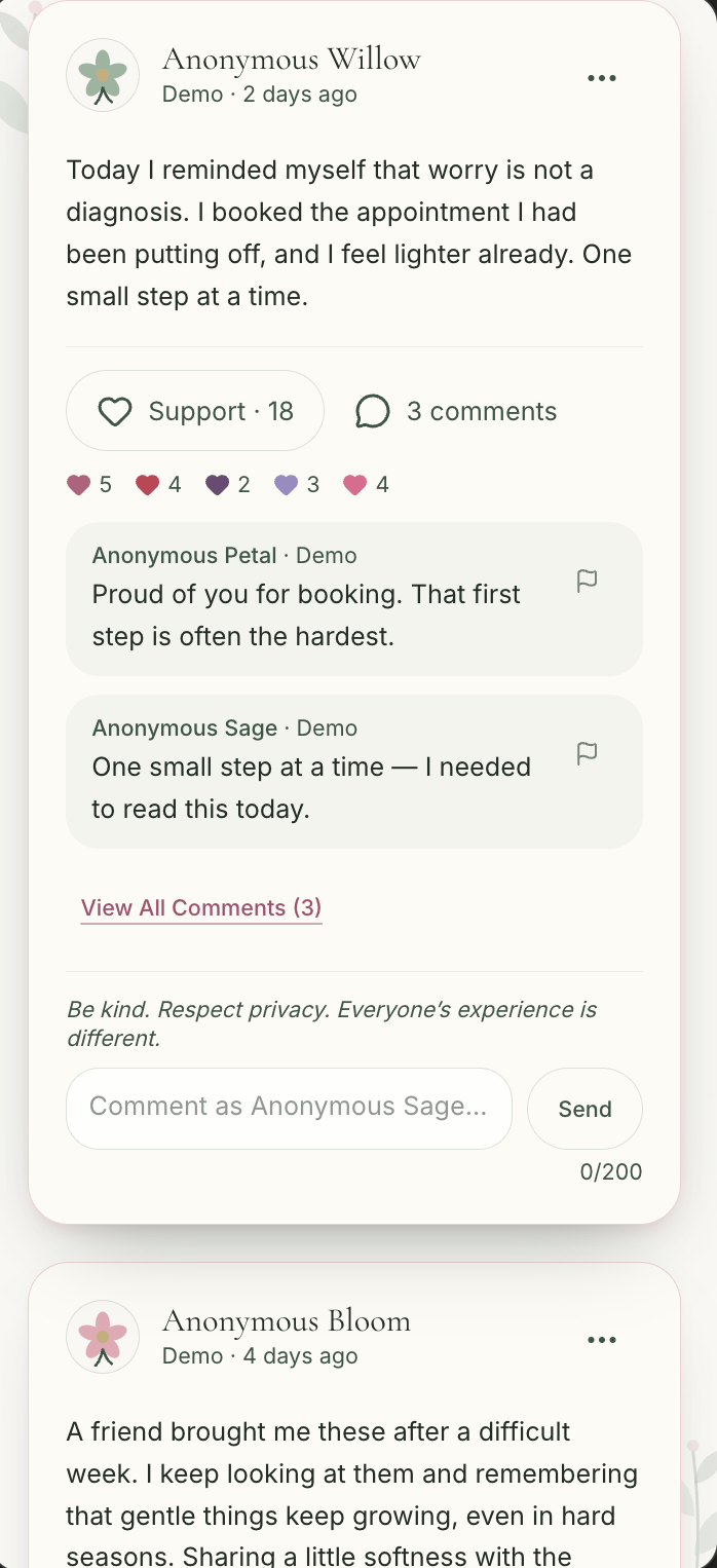 The Brea Garden fictional community feed with an Anonymous Willow post, colourful heart reactions and comments