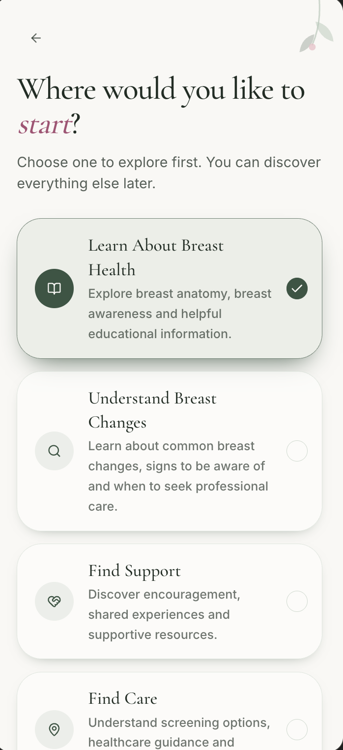 Brea onboarding asking "Where would you like to start?" with four selectable pathways