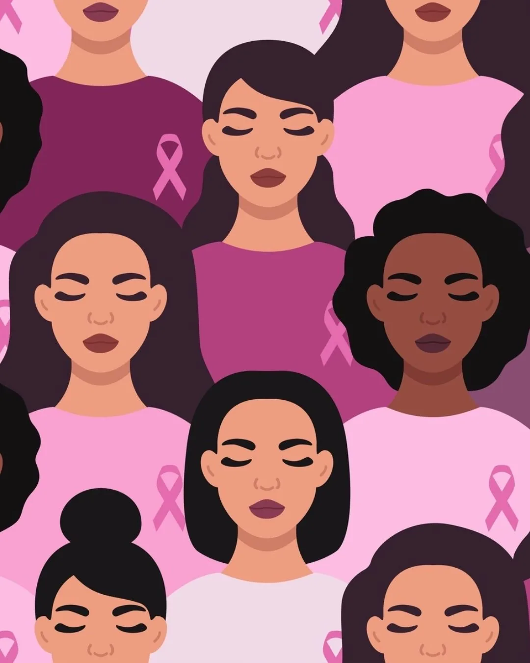 Illustration of a diverse crowd of people with eyes closed, pink breast-cancer awareness ribbons among them.