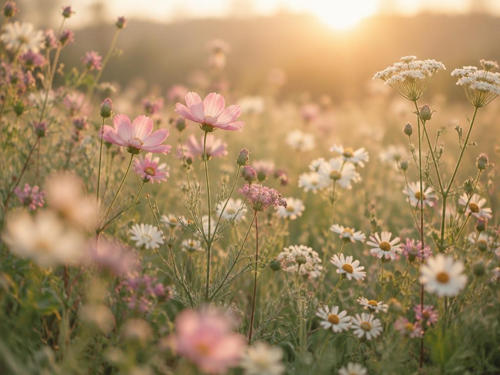 Soft pink and white wildflowers glowing in warm evening light